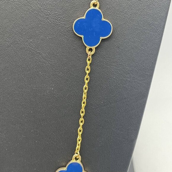 Fornash Blue Enamel Station Four Leaf Flower Chain Necklace Gold Tone 40 Inches - Picture 5 of 6
